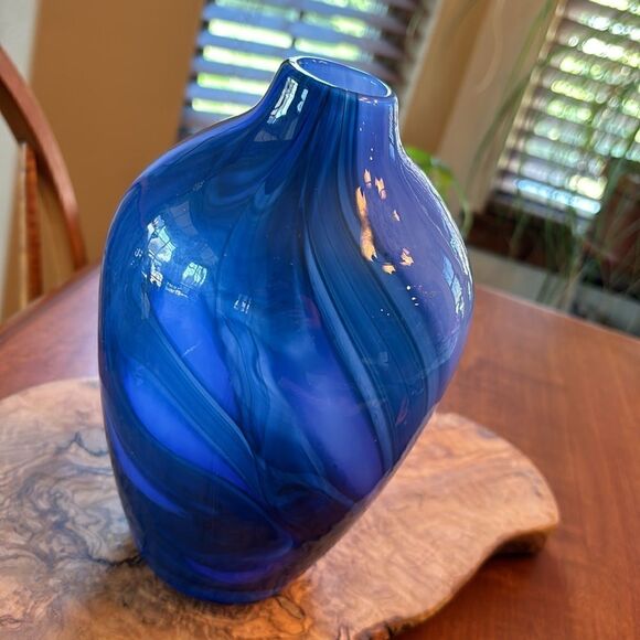 NEW Anthropologie Blue Swirl Glass Blown Asymmetrical Vase - Picture 3 of 9
